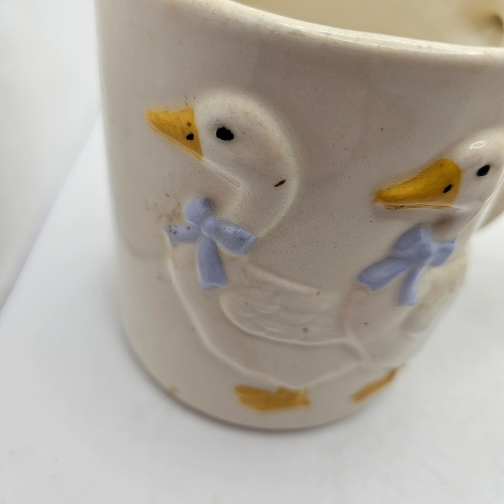 Vintage Ceramic Goose Mugs Set of 2 Raised Geese Blue Bows Cottagecore - Picture 7 of 10